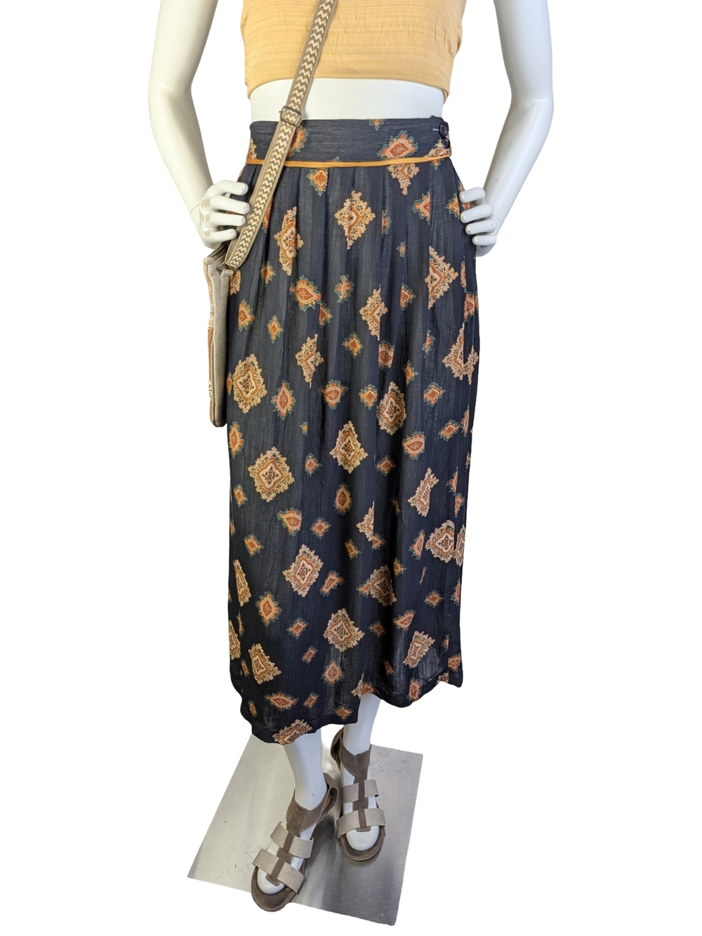 Vintage 90s Black Medallion Print Boho Midi Skirt High Waist Size 14 - Picture 5 of 8